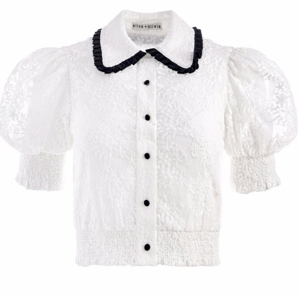 Alice + Olivia White Puff-Sleeve Lace Blouse with Black Trim